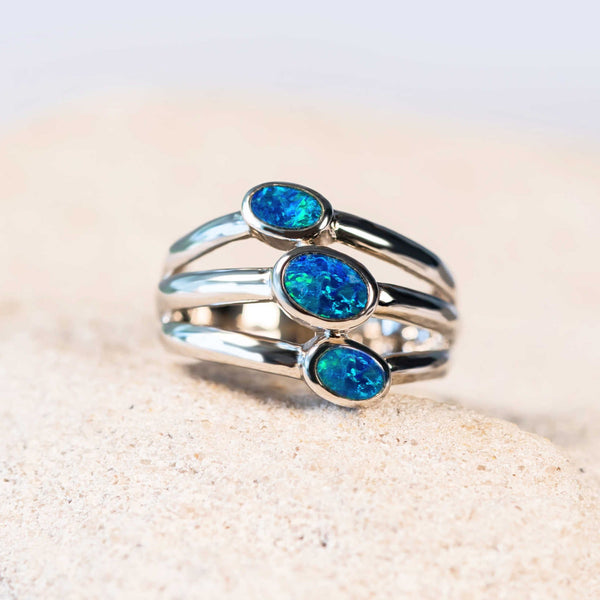 blue and green doublet opal triple band silver ring