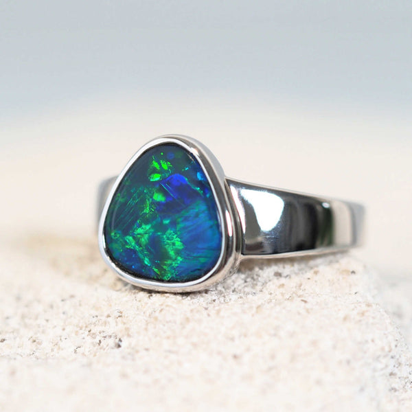 white gold doublet opal ring