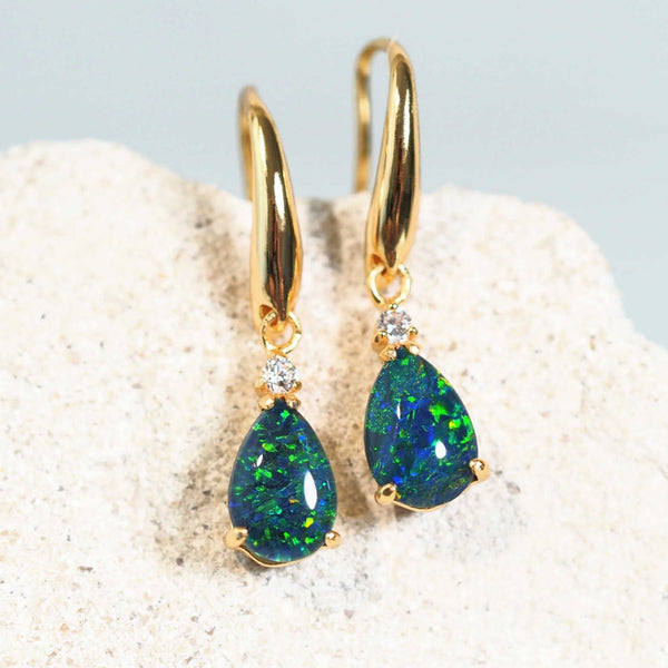 green and blue triplet opal earrings set in gold plated silver