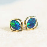 blue and green genie design gold plated silver opal earrings