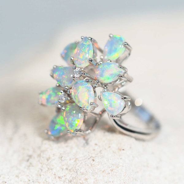 colourful teardrop shaped crystal opal ring in white gold