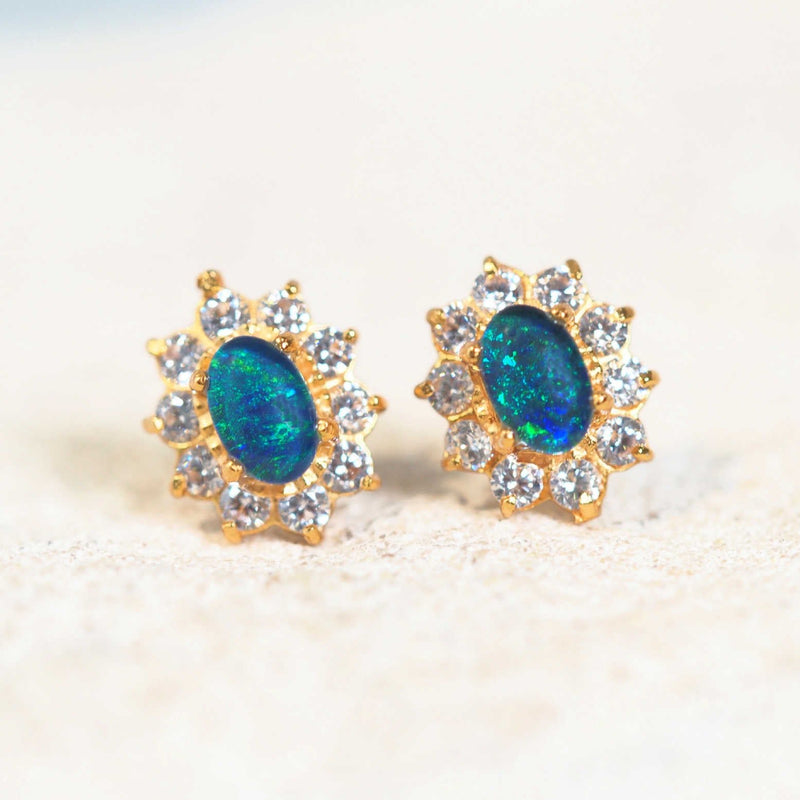 blue and green princess australian opal earrings in gold plated silver