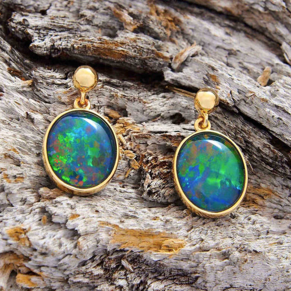 'Alita' Gold Australian Triplet Opal Earrings - Black Star Opal