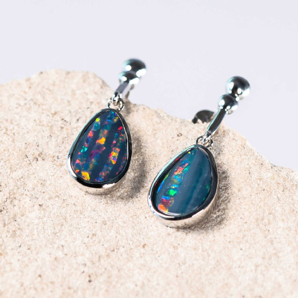 silver Australian opal earrings with colourful doublet opals