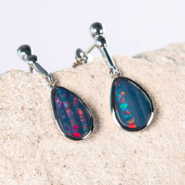 multi-colour doublet opal set in teardrop shaped silver earrings