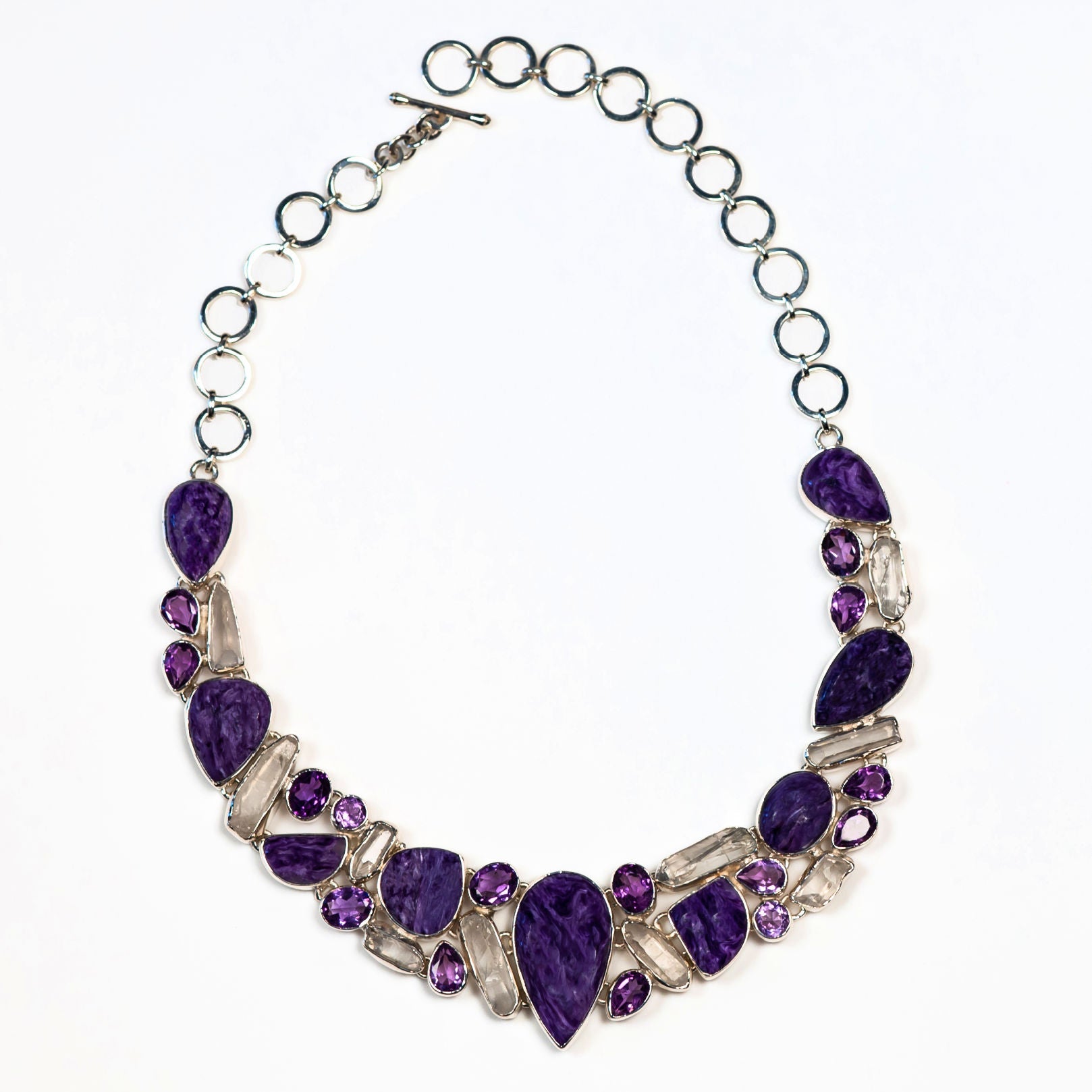 Jasper, charolite, amethyst, and sterling silver necklace high quality