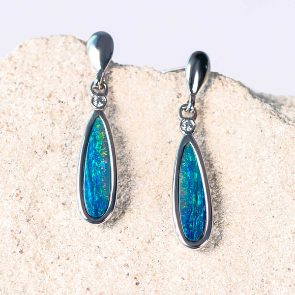 teal blue and orange opal earrings in silver 