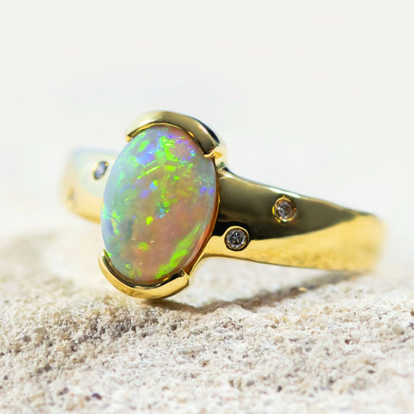 'Iris' Gold Australian Crystal Opal Ring - Black Star Opal