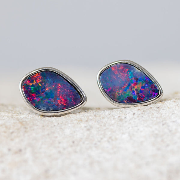 'Kaleidoscope' Silver Australian Doublet Opal Earrings - Black Star Opal