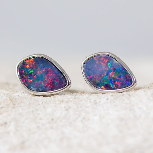 'Kaleidoscope' Silver Australian Doublet Opal Earrings - Black Star Opal