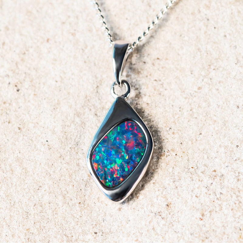 'Kari' Silver Australian Doublet Opal Necklace Pendant - Black Star Opal