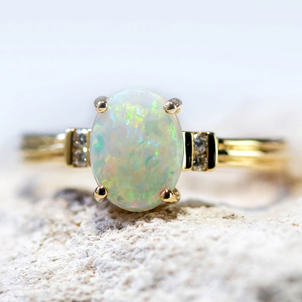 'Lauren' Gold Australian White Opal Ring - Black Star Opal