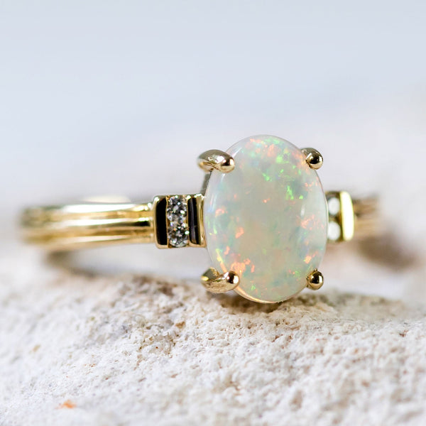 'Lauren' Gold Australian White Opal Ring - Black Star Opal