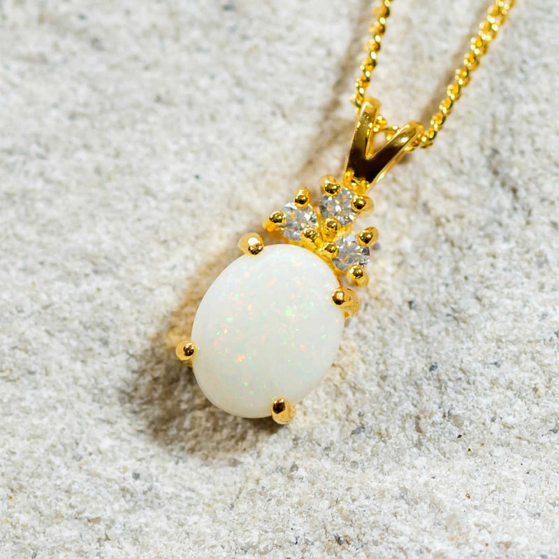 'Tiara' Gold Plated Silver Australian White Opal Necklace Pendant - Black Star Opal