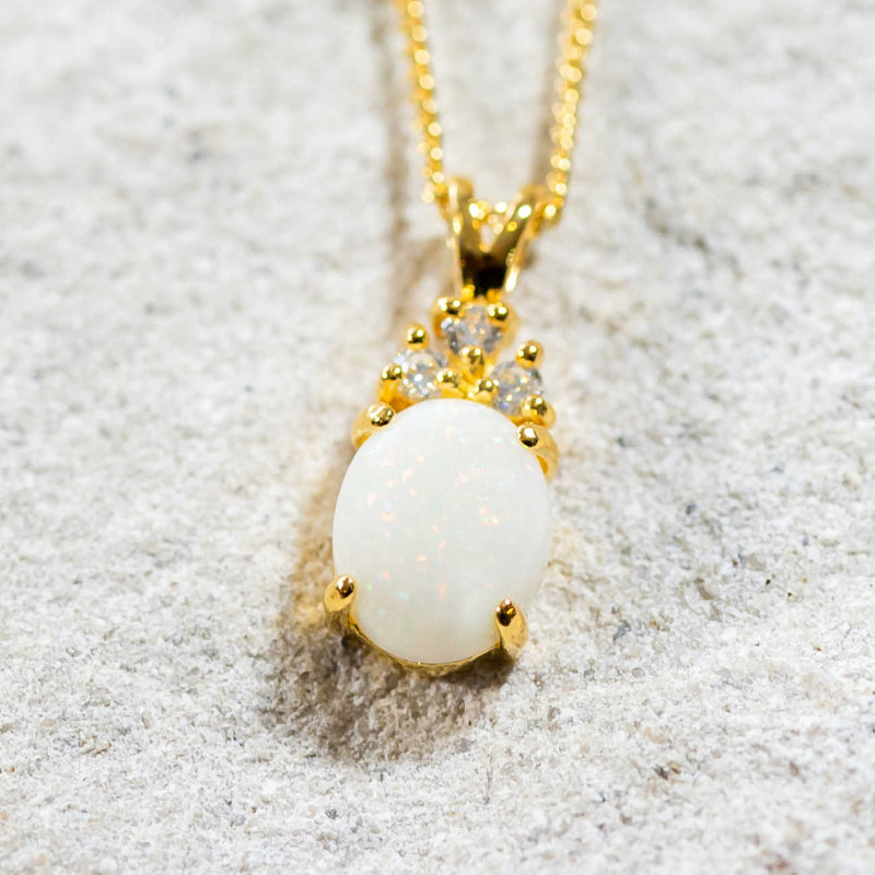 'Tiara' Gold Plated Silver Australian White Opal Necklace Pendant - Black Star Opal