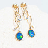 blue, green and red opal earrigs set with six diamonds