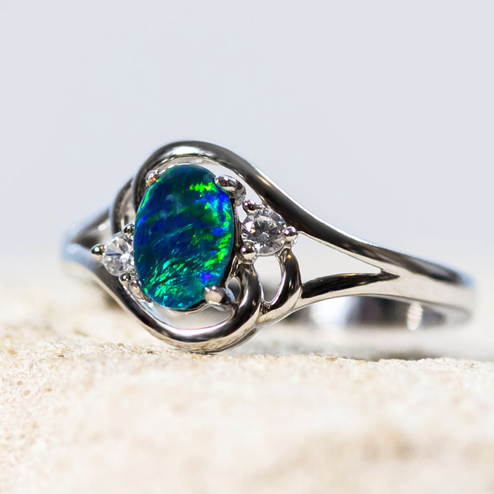 close up of opal ring alenka design set in sterling silver 