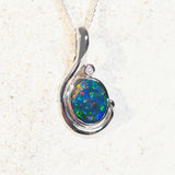 Elegant 14ct white gold opal necklace with vivid multi-coloured Australian doublet opal and single white diamond.