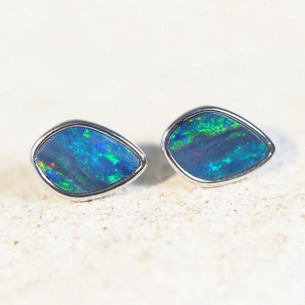green and blue australian opal earrings set in sterling silver