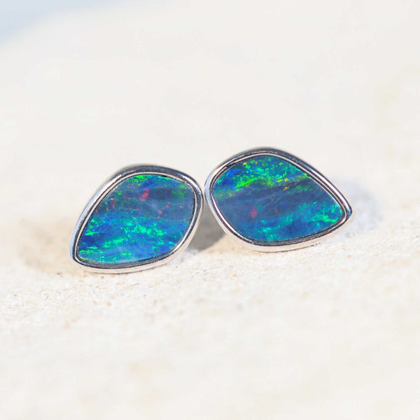blue and green australian opal earrings in silver