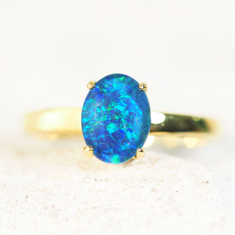 blue and green triplet opal ring in gold plated silver