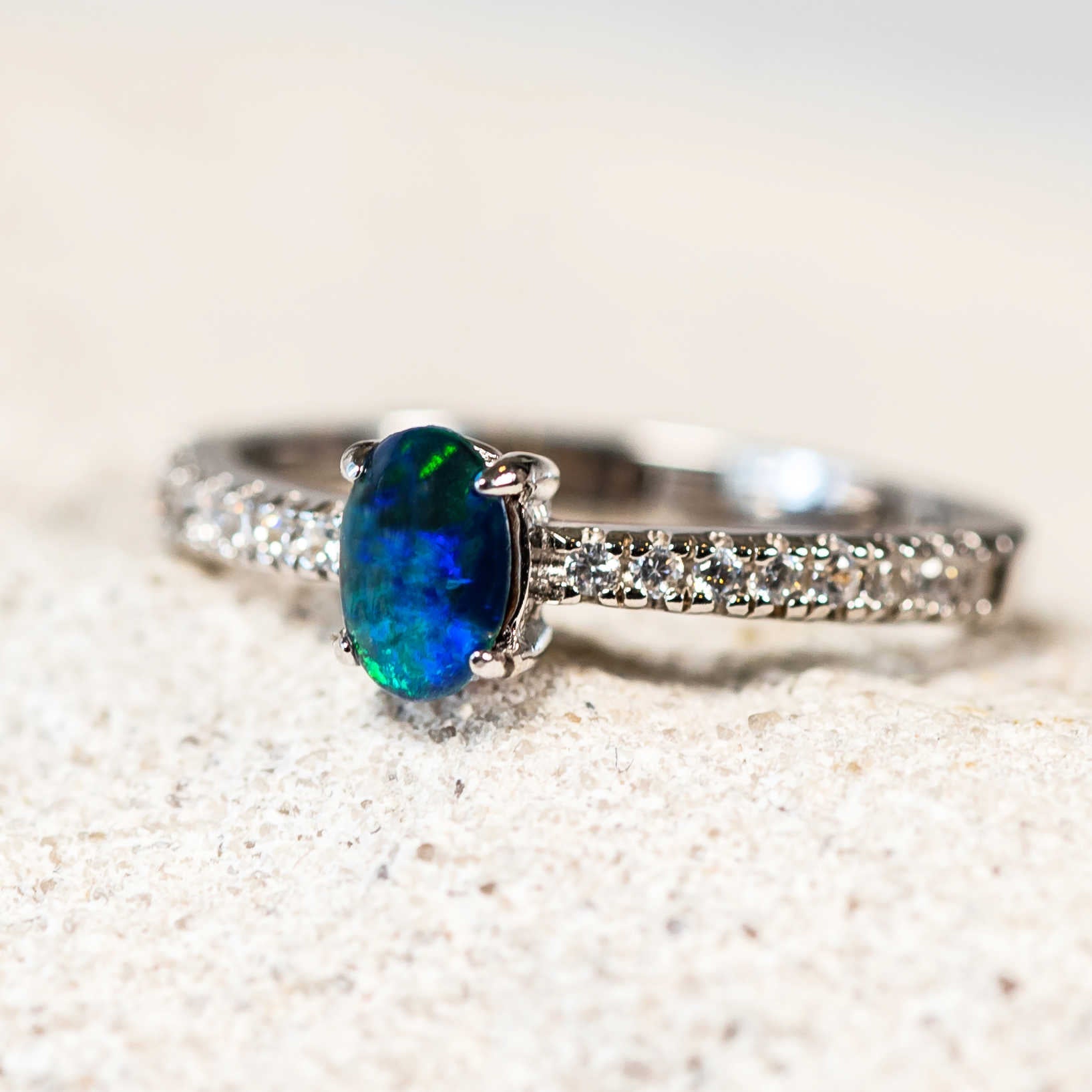 'Amira Blue' Silver Triplet Opal Ring