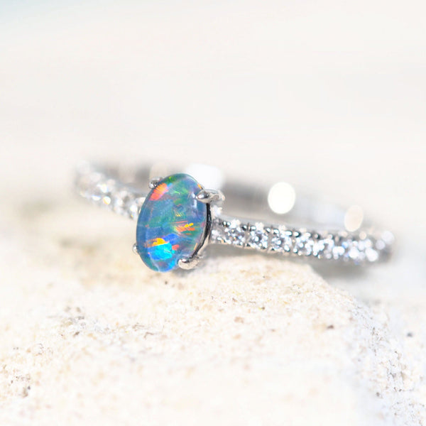 colourful opal ring with a triplet opal and diamantes