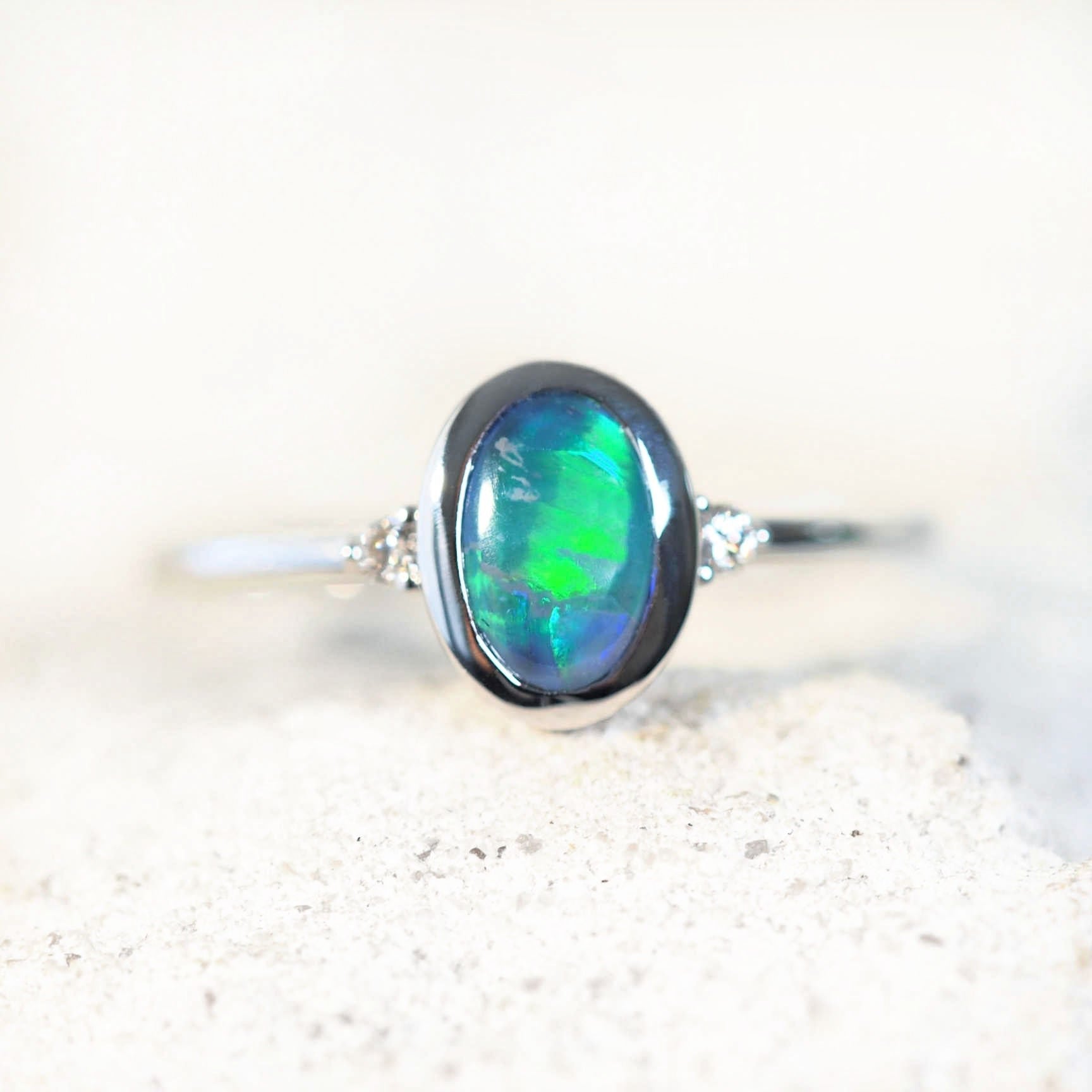 green opal ring set in white gold