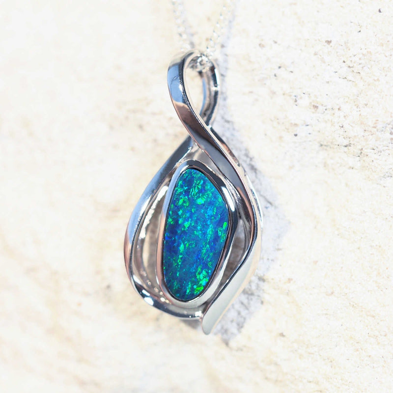 australian opal necklace in blue and green set in silver