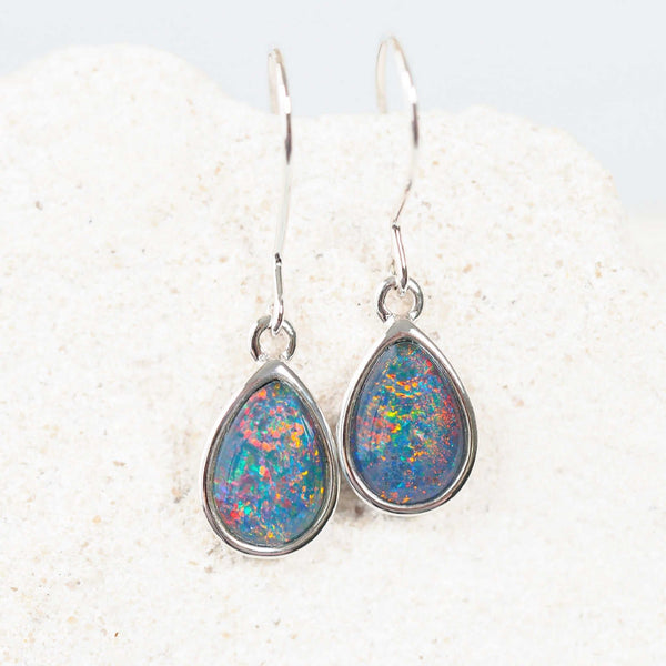 colourful drop opal earrings set in sterling silver 