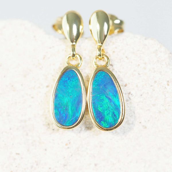 gold plated silver doublet opal drop earrings