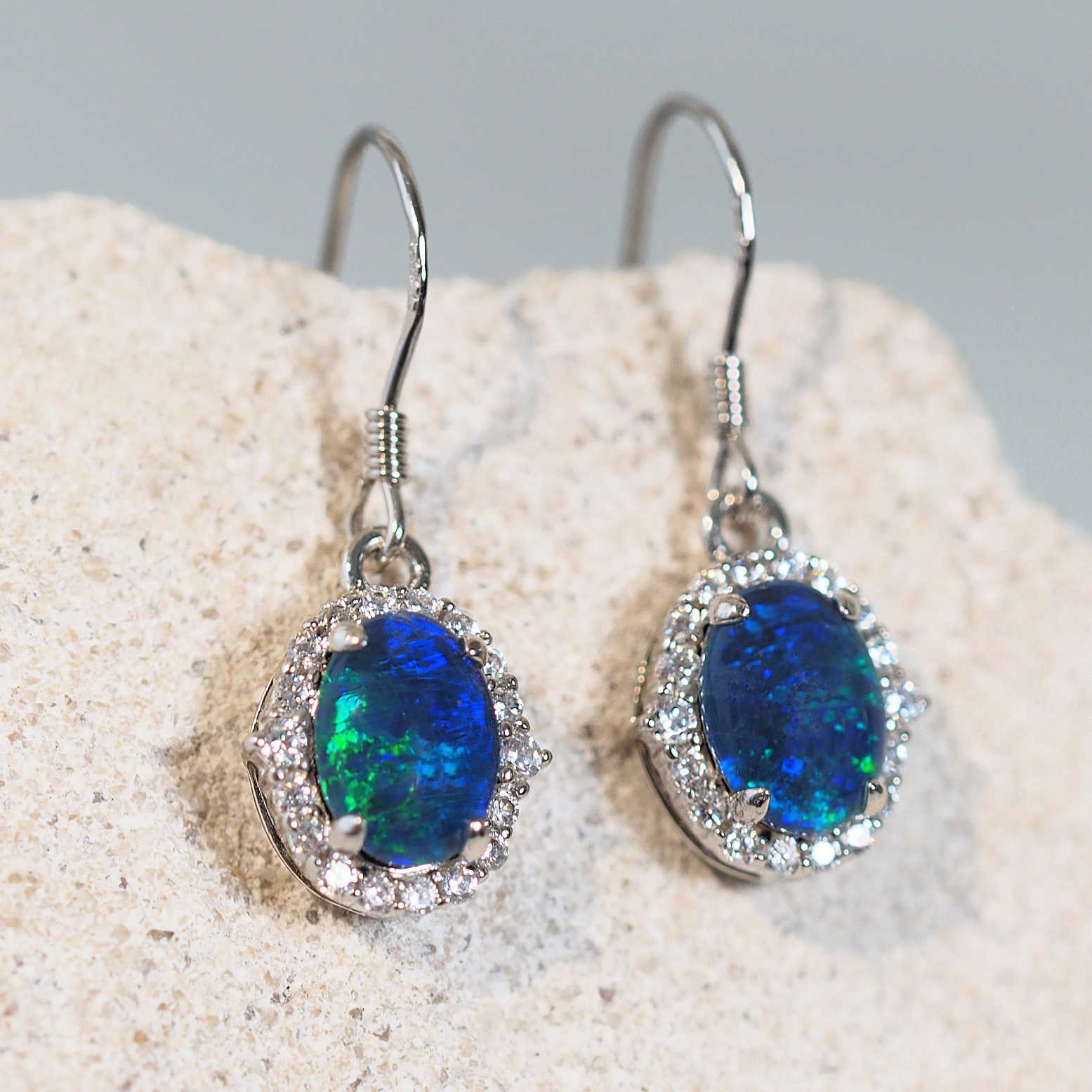 blue and green opal earrings with diamantes