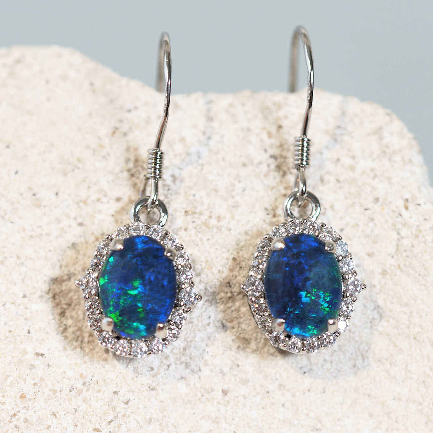 drop opal earrings with blue and green gemstones