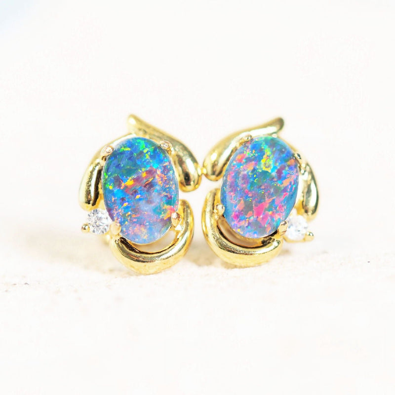 colourful opal earrings set in gold plated silver