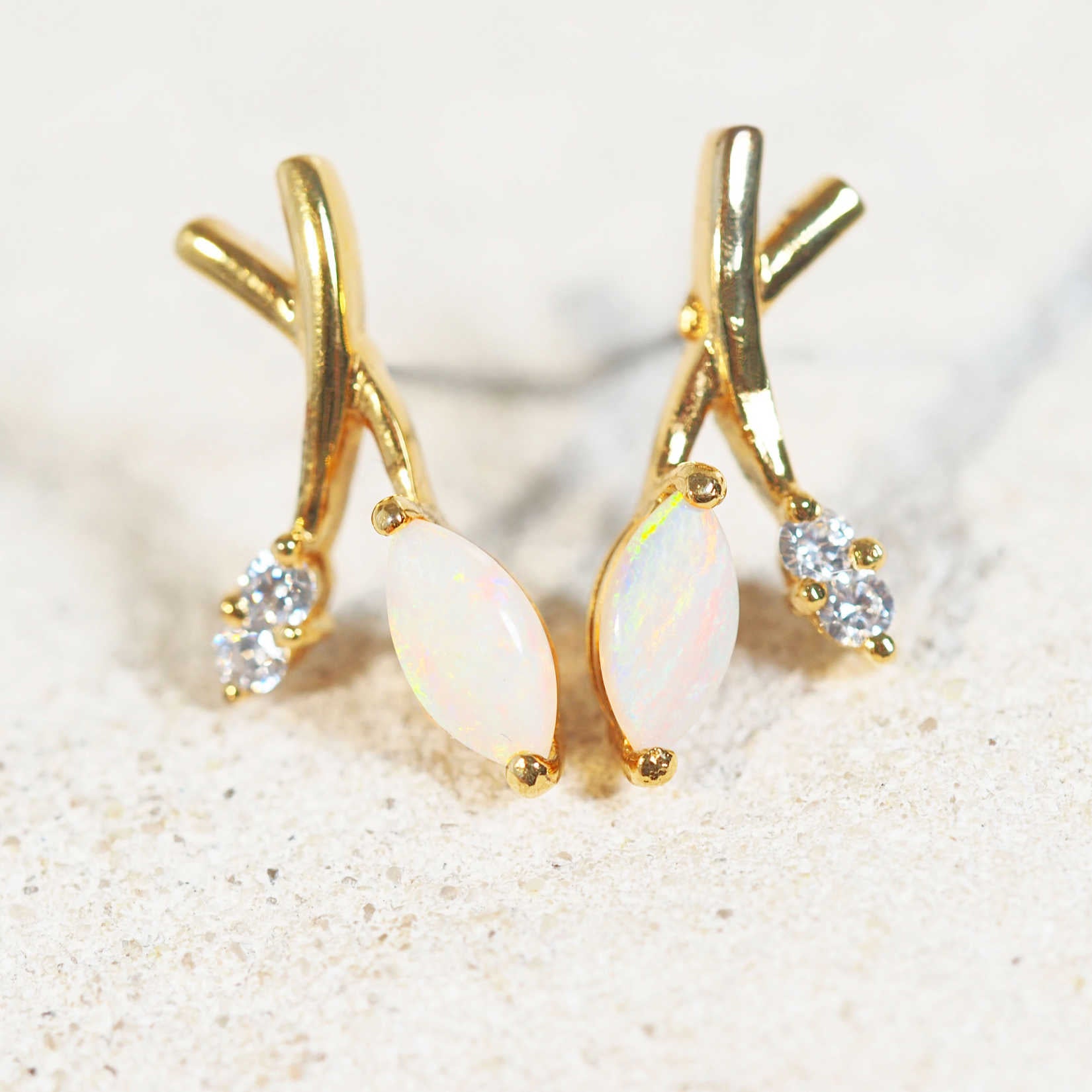 colourful marquise shaped opal earrings in gold plated silver