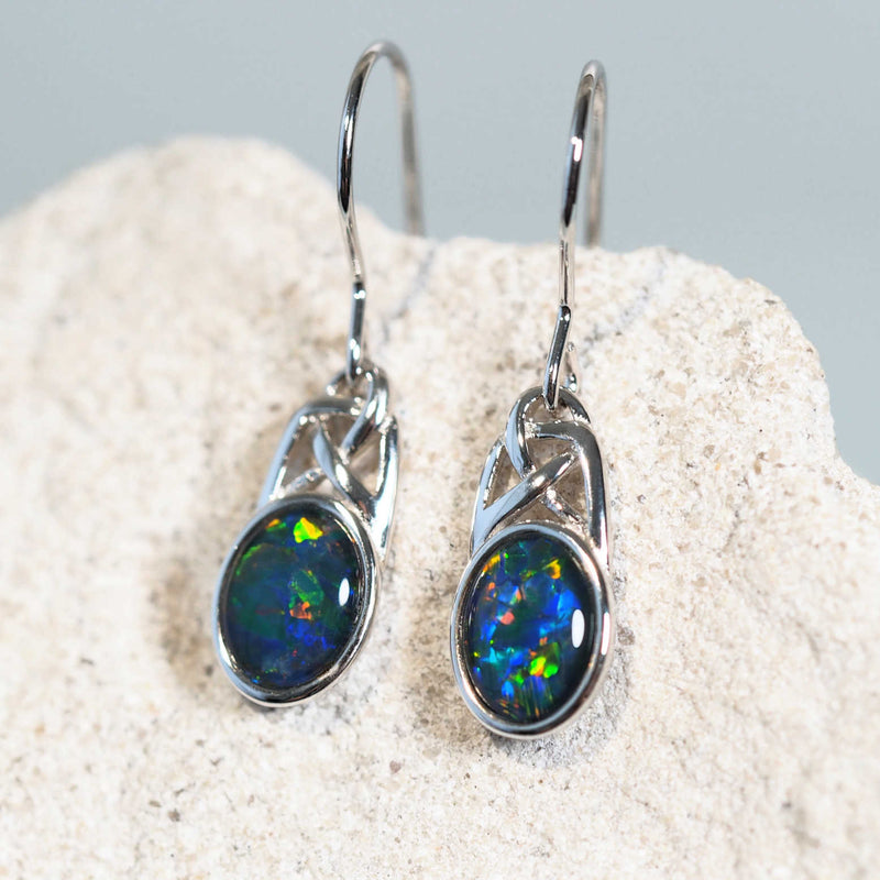 colourful silver celtic design opal earrings