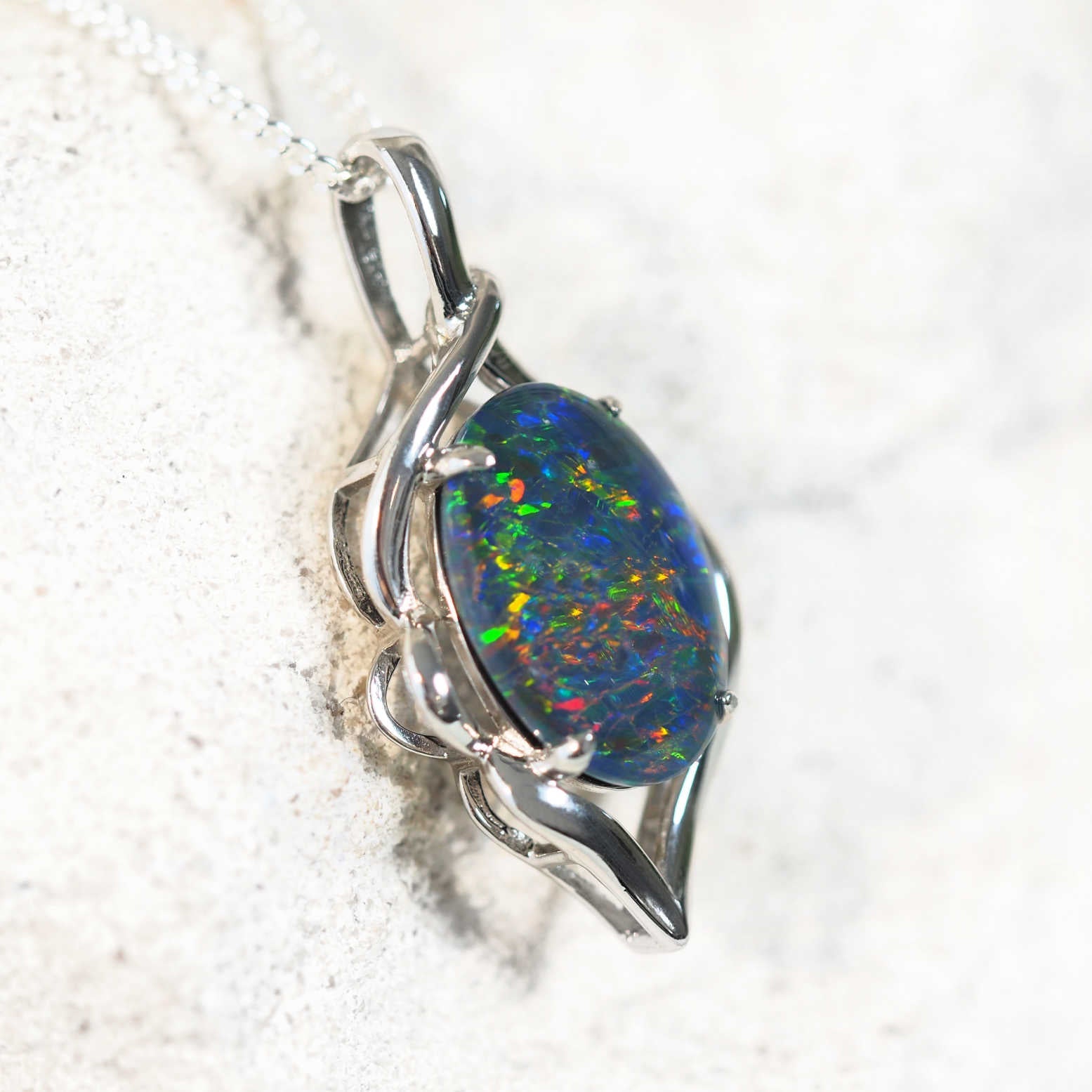 opal necklace set with a mulit-colour triplet opal in sterling silver