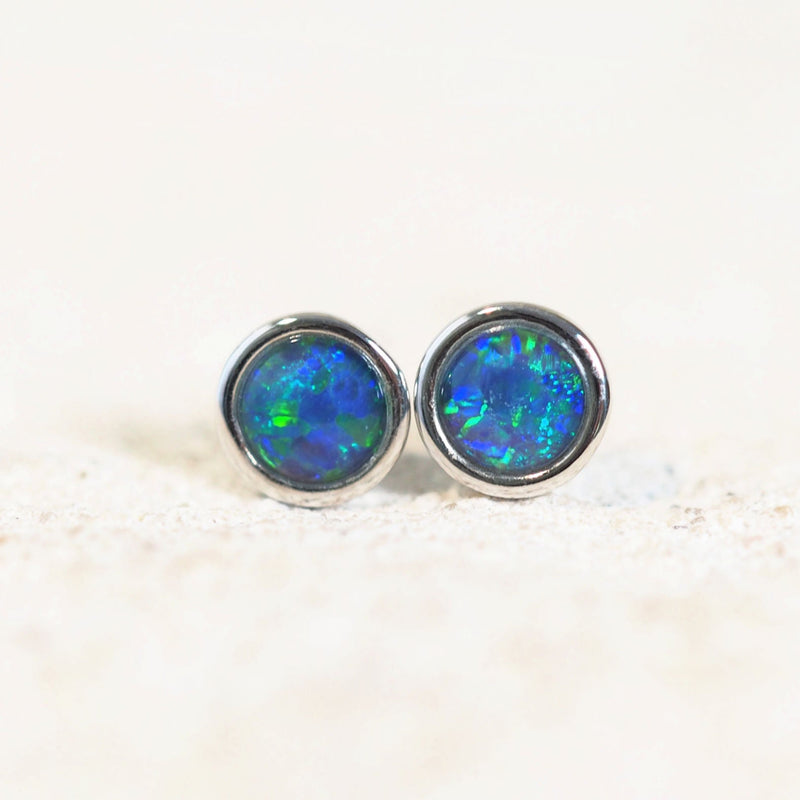 blue stud opal earrings set in sterling silver