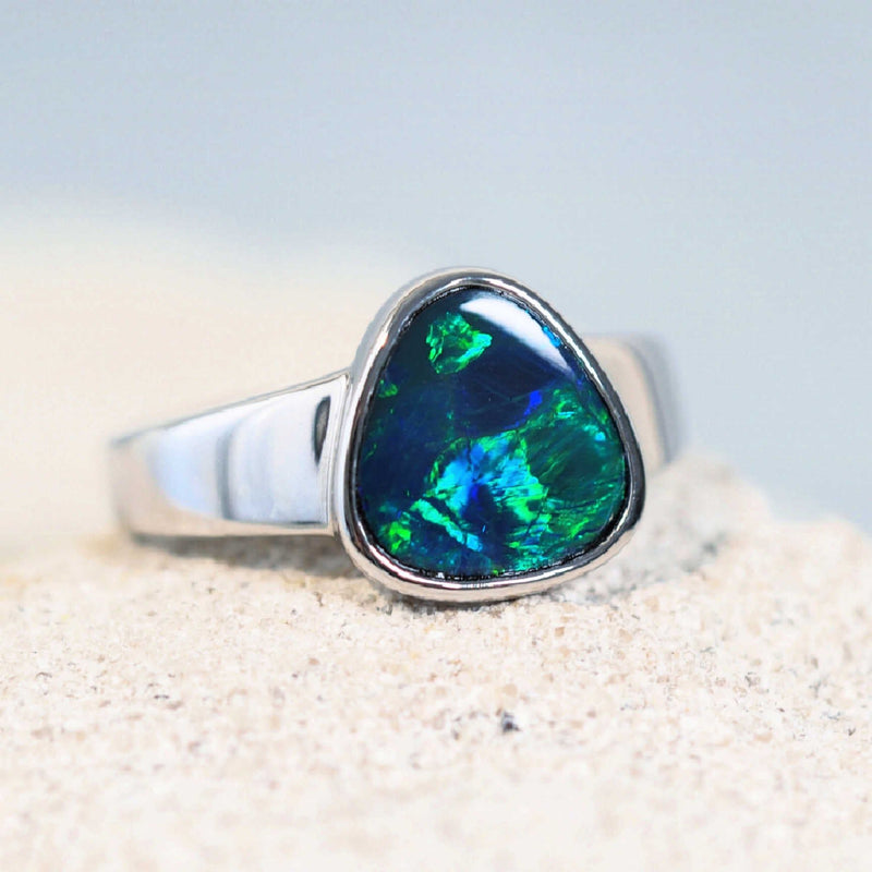 blue and green doublet opal ring in 14ct white gold