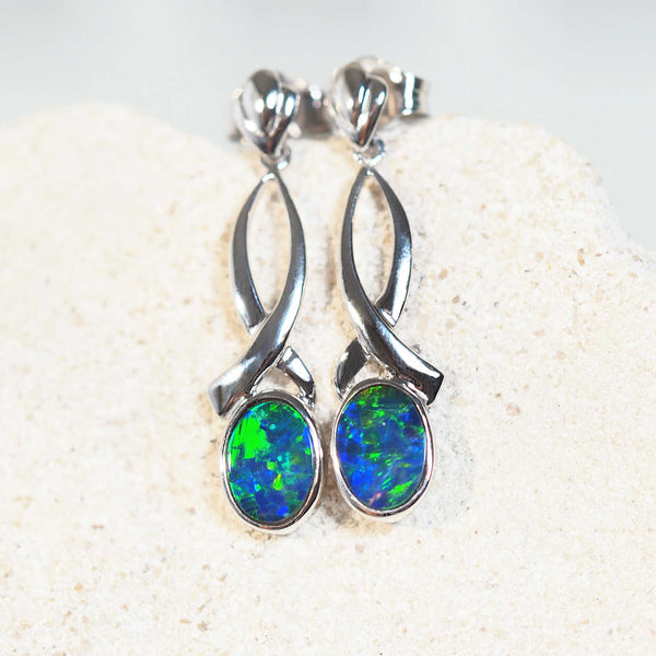 blue and green doublet opal drop earrings