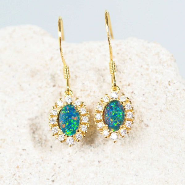 colourful drop opal earrings set with diamantes in gold plated silver