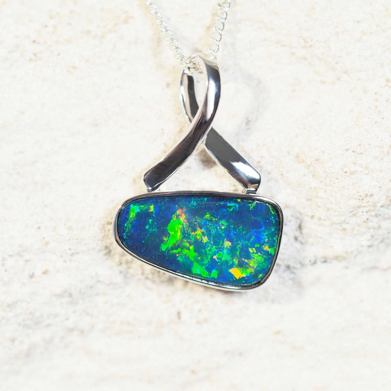 blue and green opal pendant set in 14ct white gold