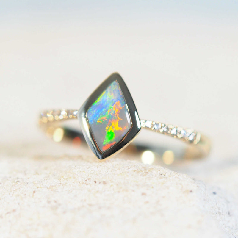 colourful semi black opal ring from lightning ridge