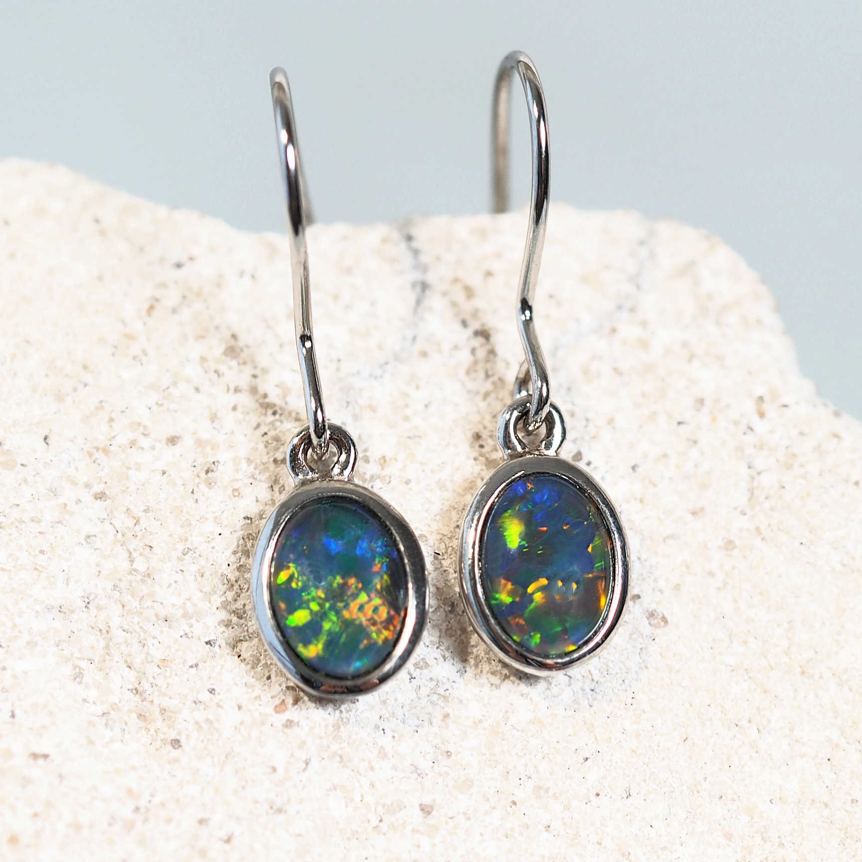 colourful drop opal earrings set in sterling silver