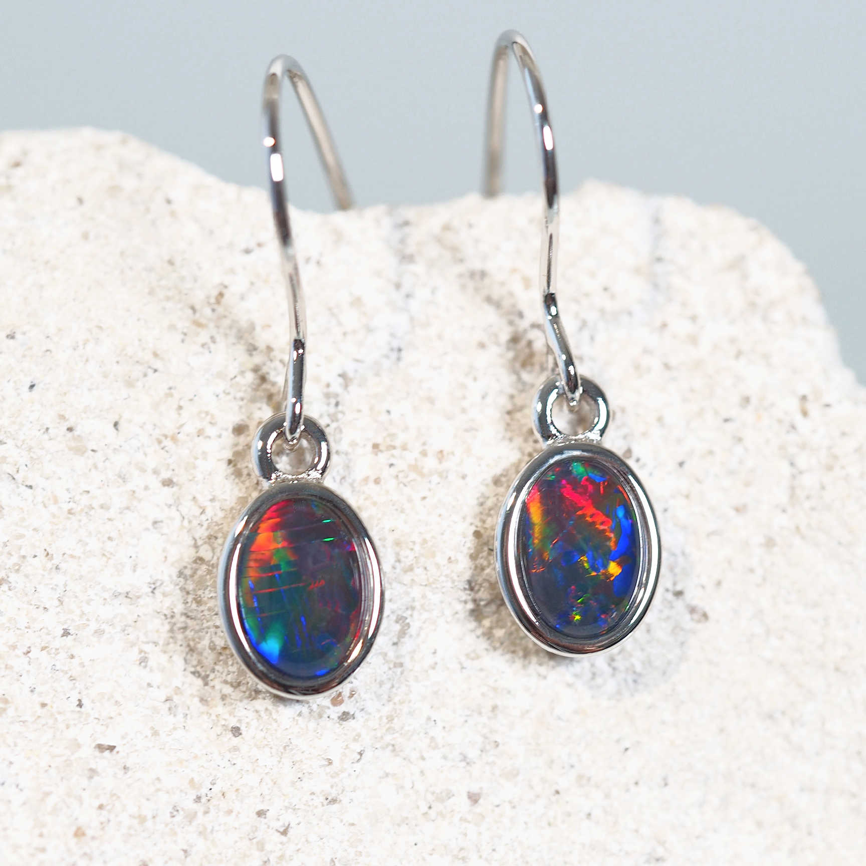 colourful oval silver drop opal earrings