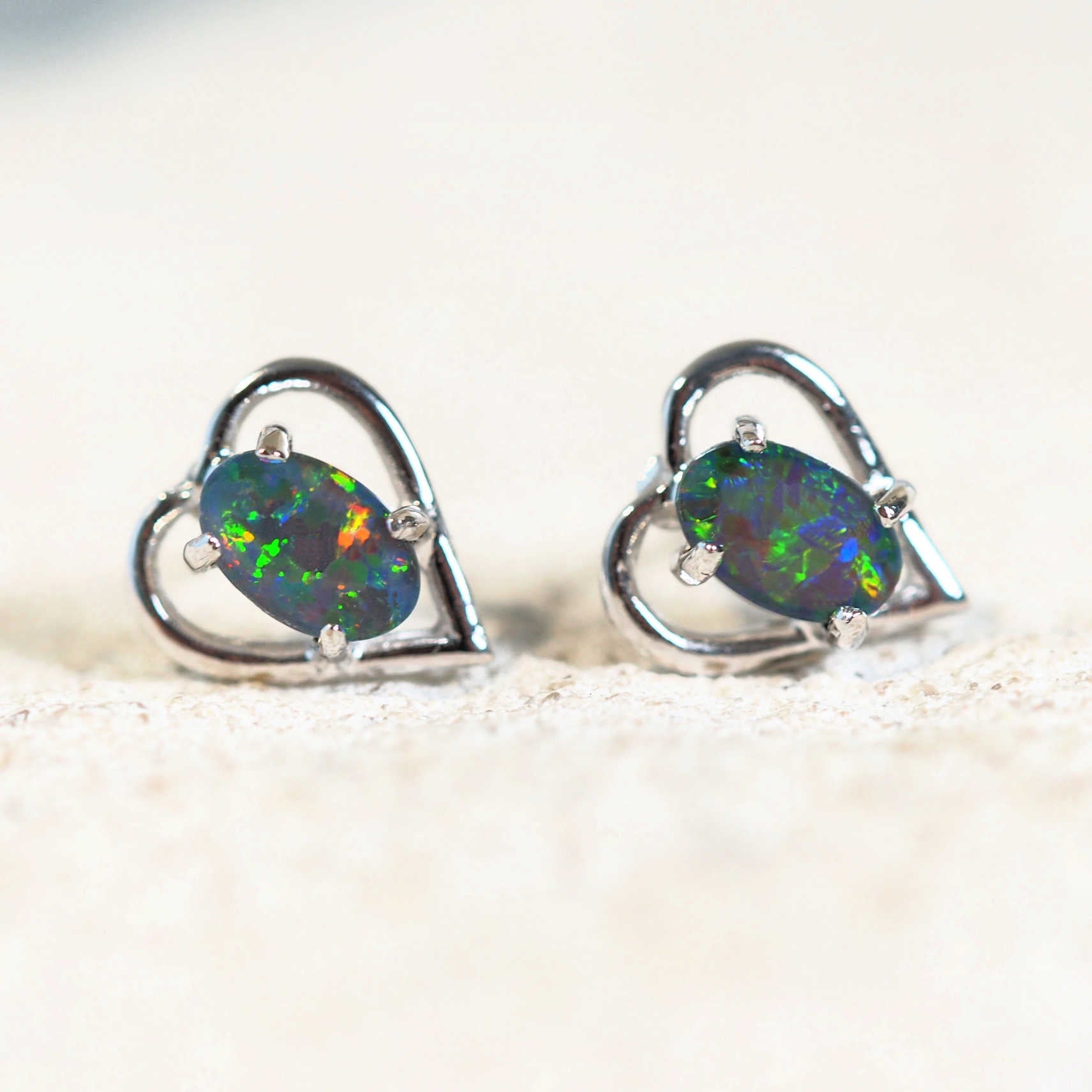 multi-colour heart shape opal earrings in silver