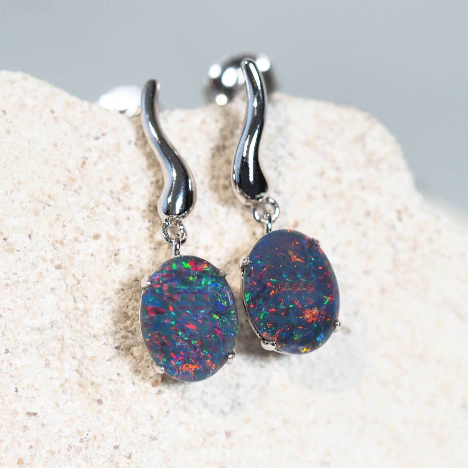 multi-colour oval australian triplet opal earrings