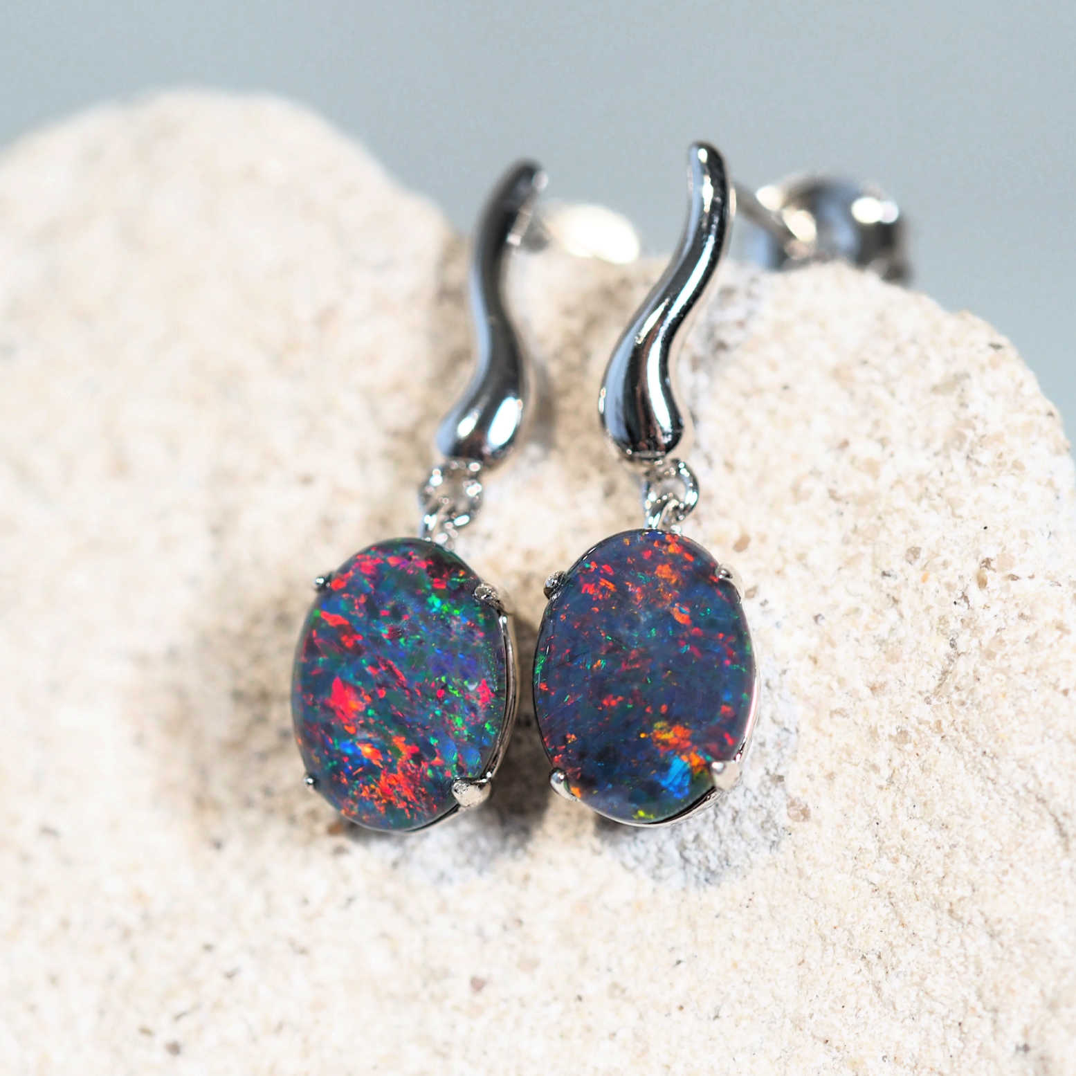 silver opal earrings set with beautiful australian opal gemstones