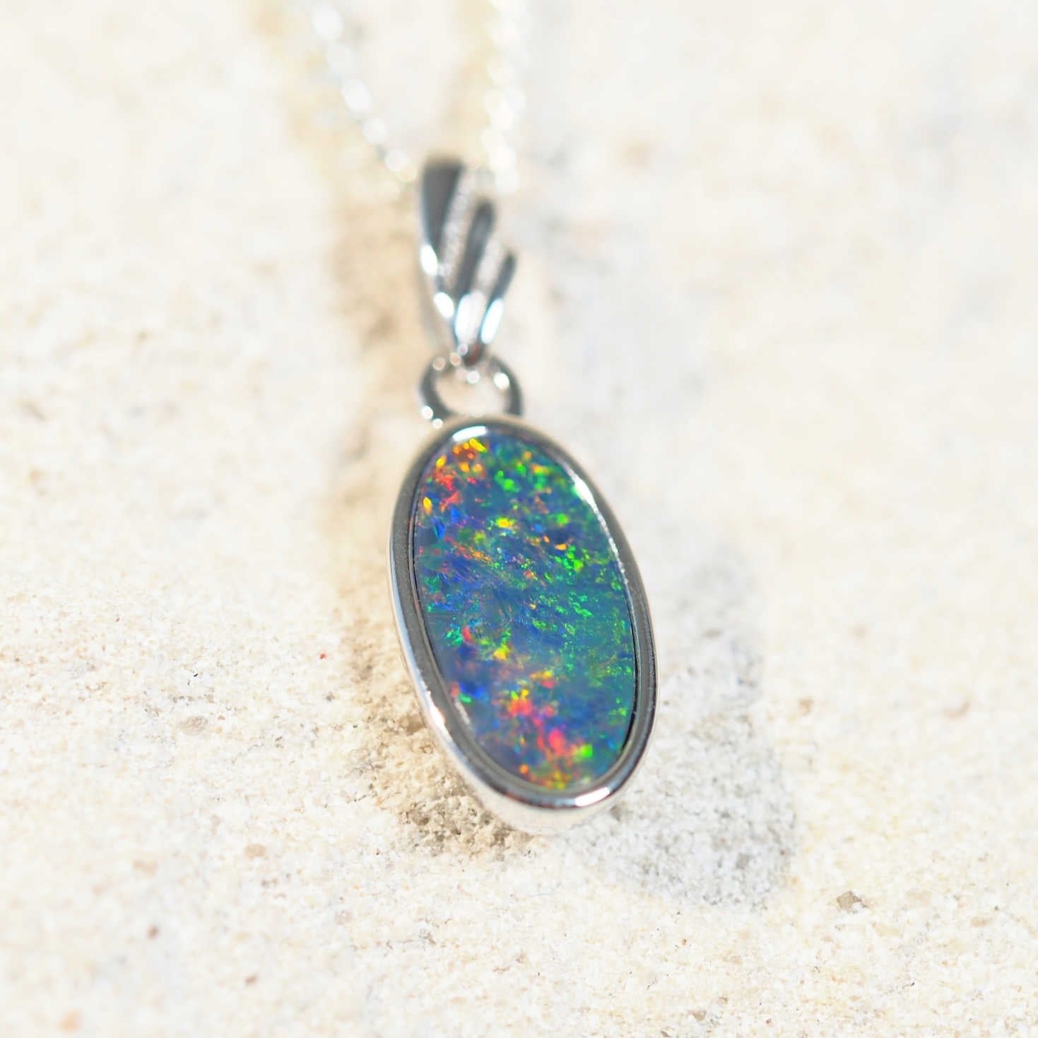 multi-colour oval doublet opal silver necklace