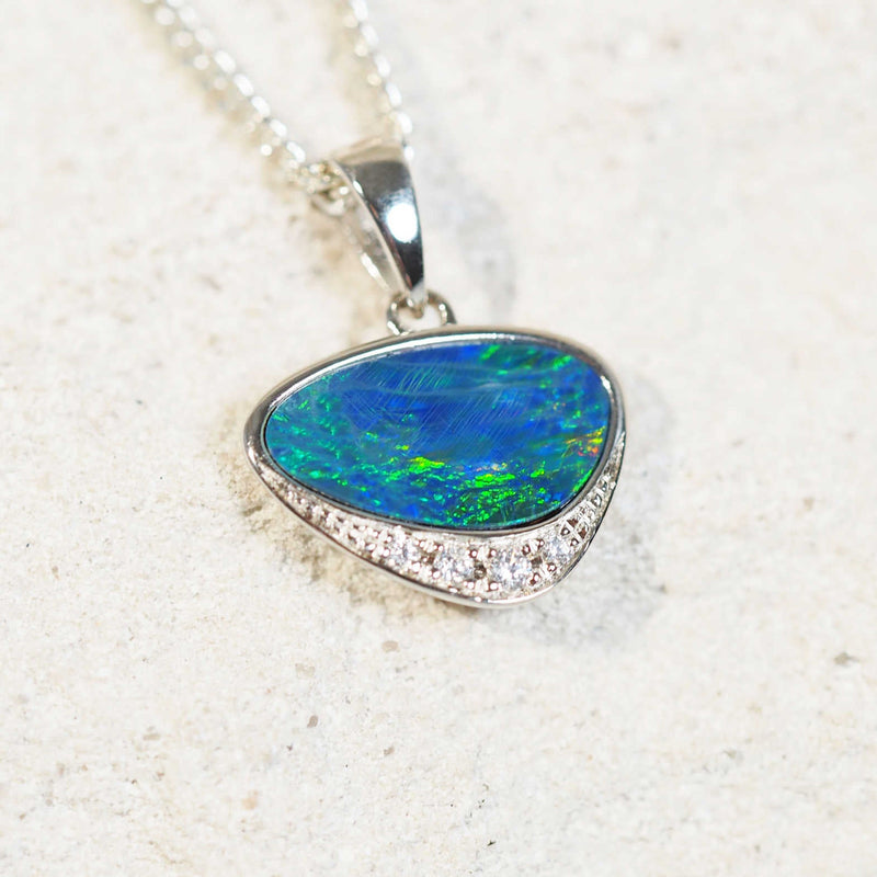 blue and green opal pendant set in silver